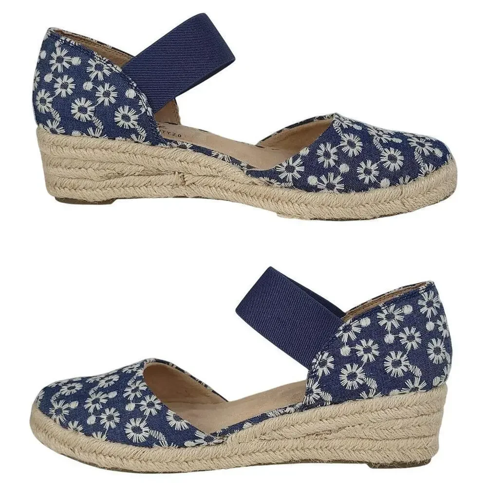 LifeStride Kaylee Sandals 9.5M Blue Denim Embroidered Wedge Heel Espadrille